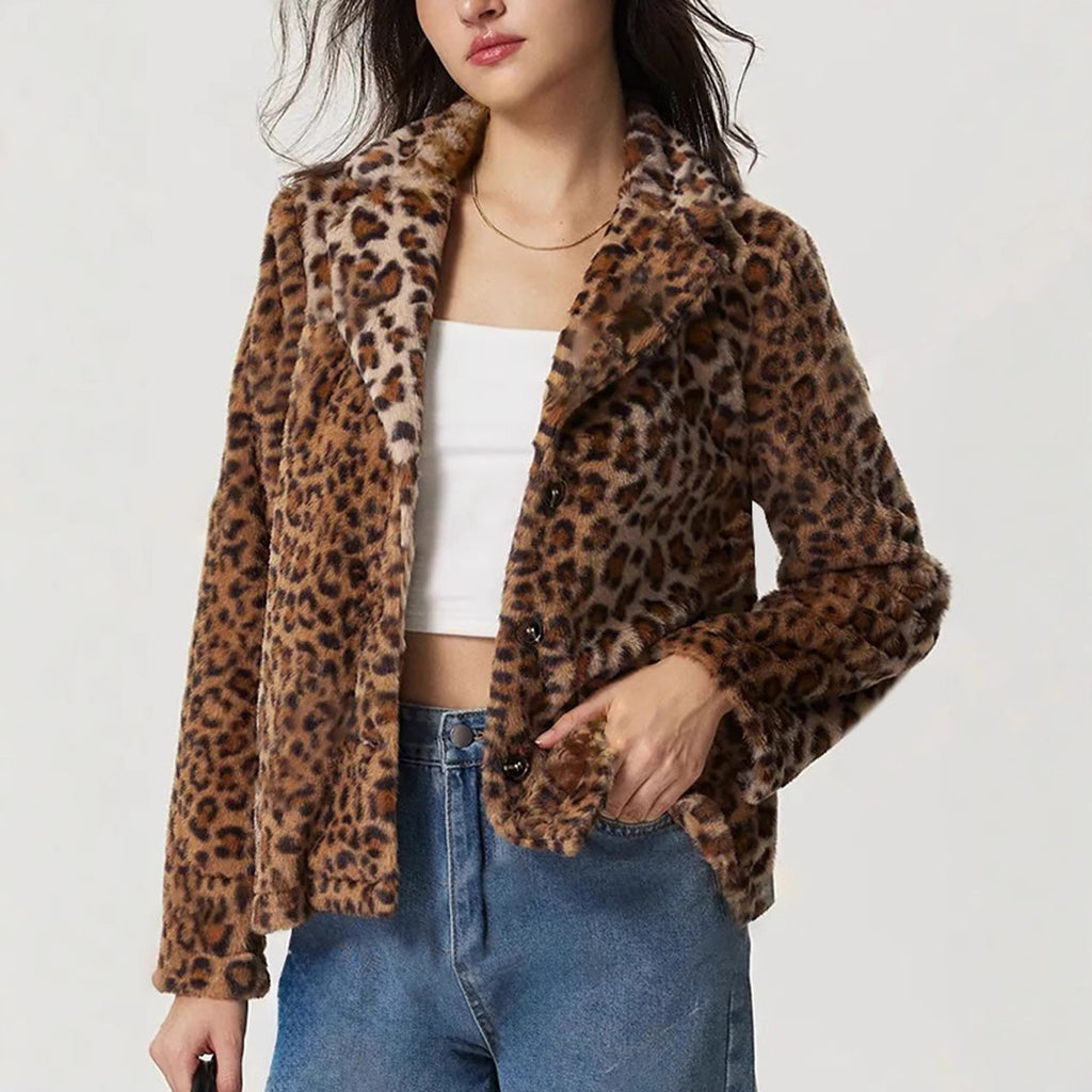 Women's Buckle Lapel Thickening Leopard Print Coat