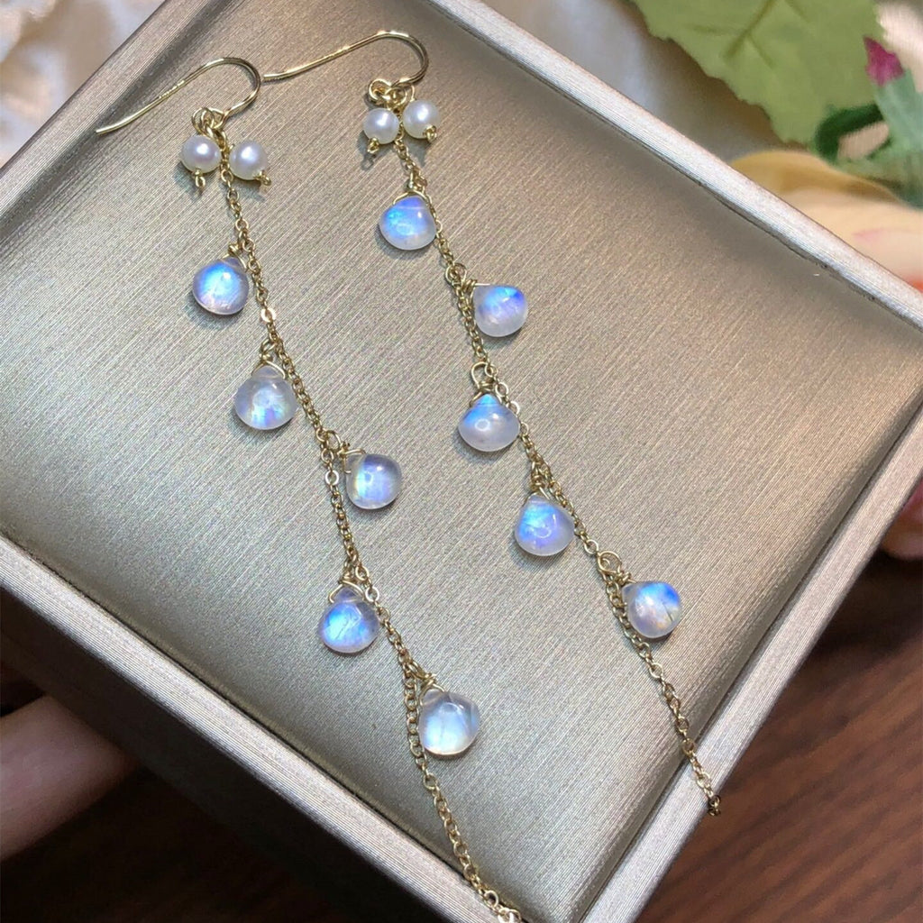 Moonlight Stone Wrapped Vintage Tassel 14k Earrings