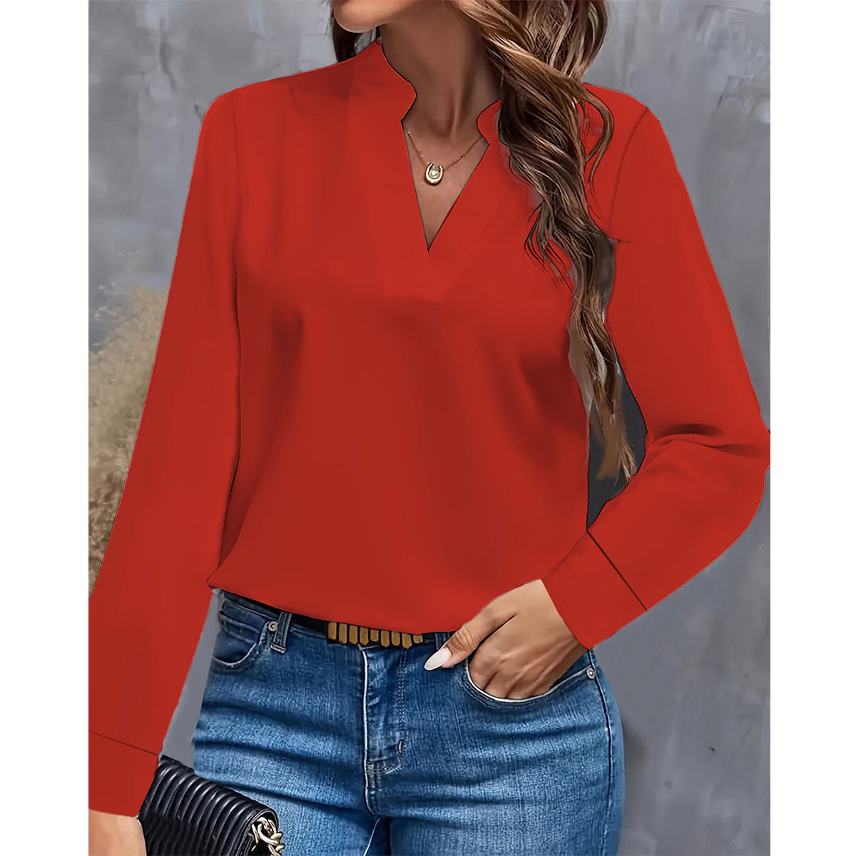 Simple Casual Solid Color And V-neck Loose Shirt Women's Top