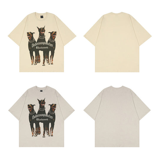 Street Ins Style Hound Print High Street Retro Washed Distressed Loose Hip Hop Short Sleeves