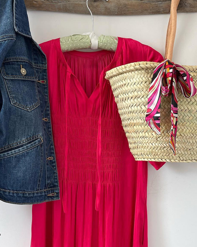 Summer New Casual Rope V-neck Solid Color Short Sleeve Dress Women