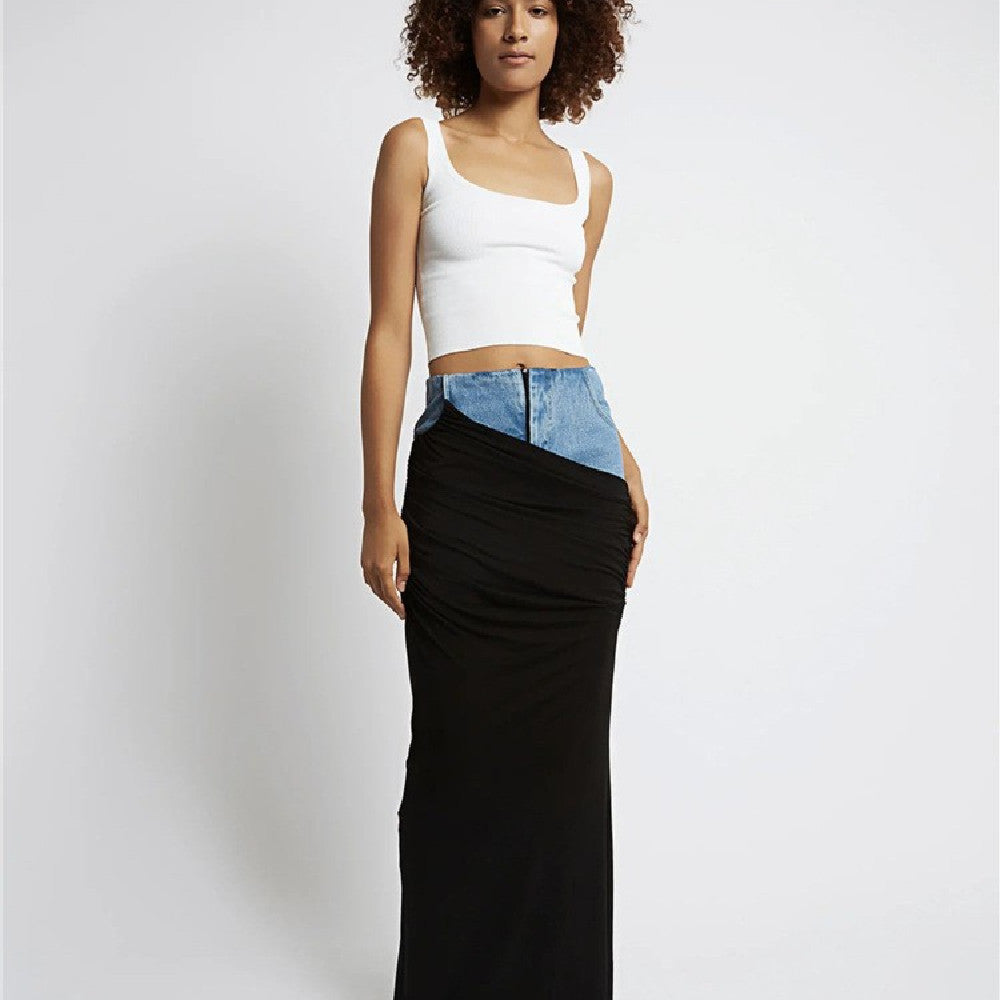 Fashion Black Panel Denim Skirt