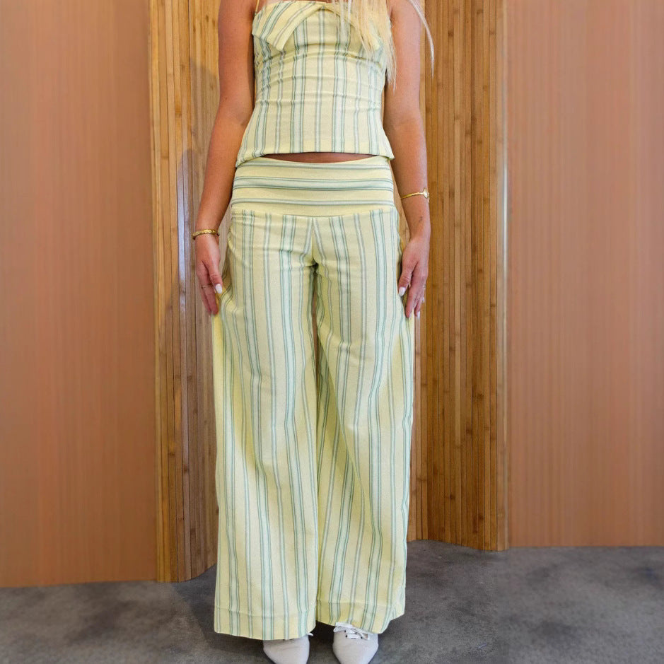 Sexy Strapless Striped Tube Top High Waist Casual Trousers Two-piece Set