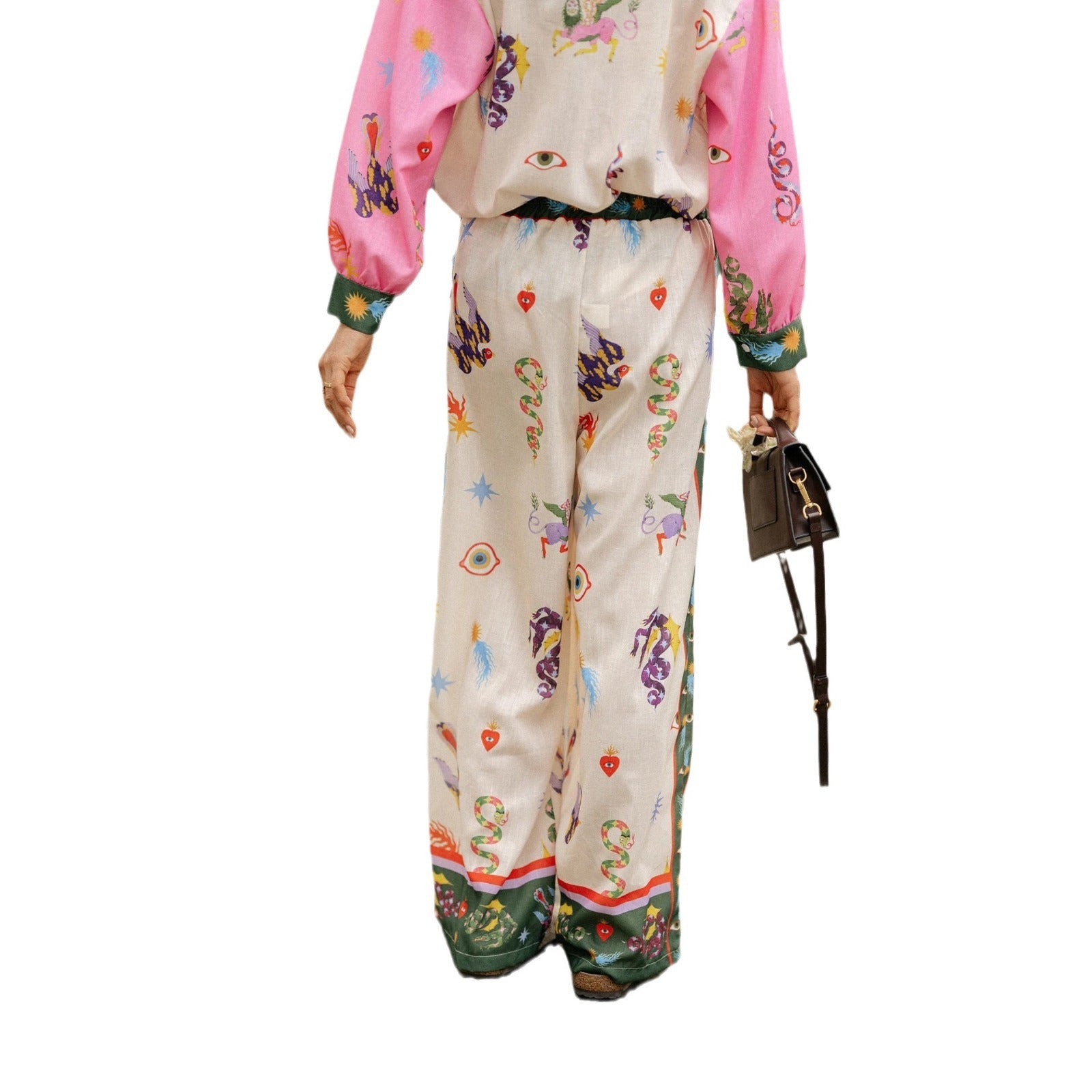 Long Sleeve Pocket Abstract Printing Loose Casual Two-piece Suit Women