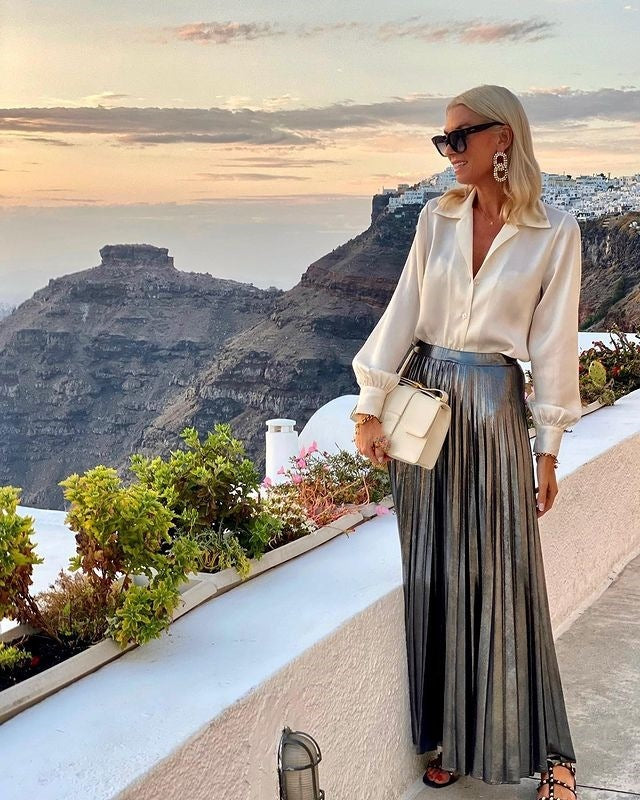 Satin Long Sleeve Shirt & Glossy Skirt Suit