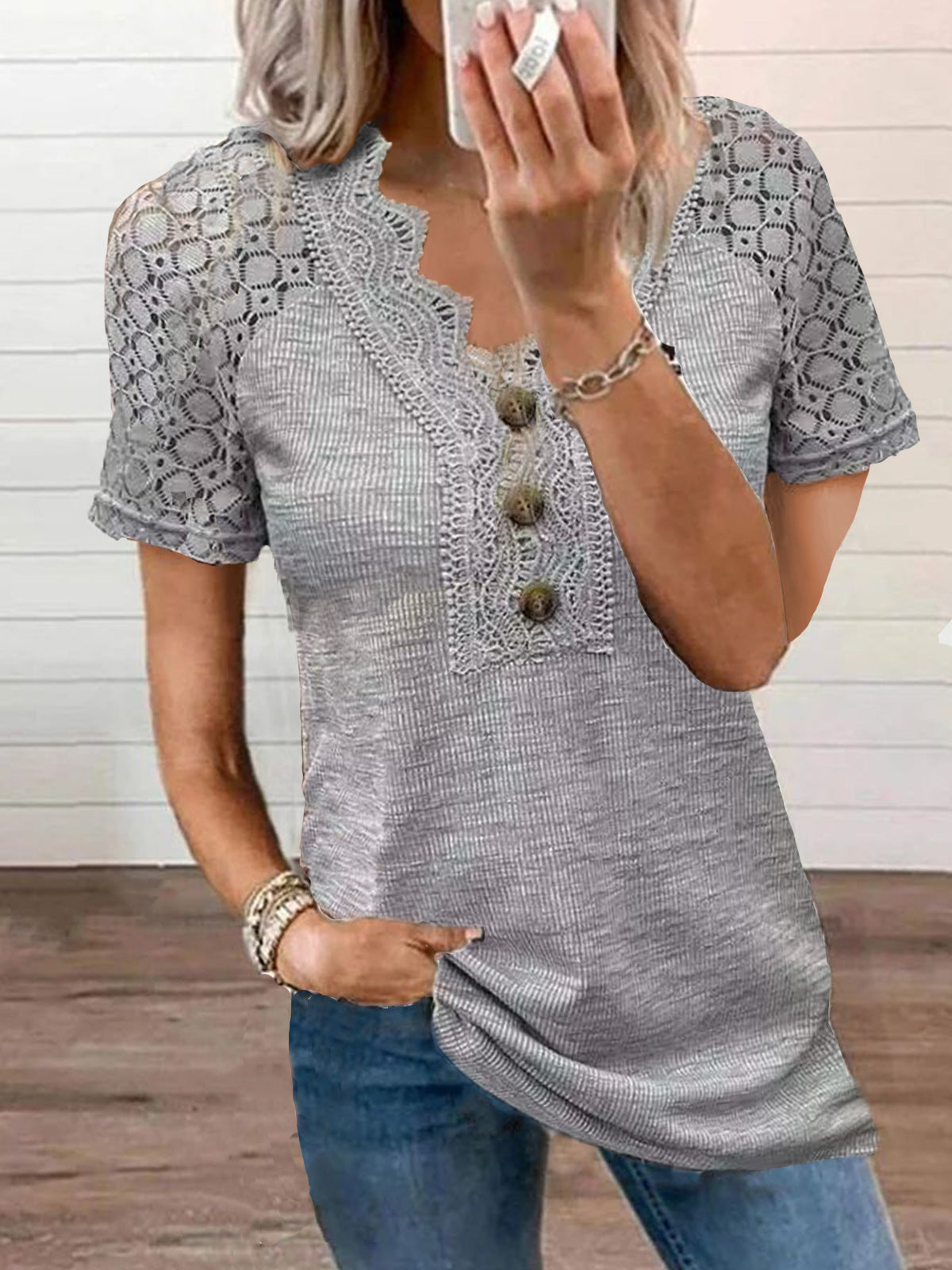 Casual Solid Color Lace V-neck Patchwork Top T-shirt With Short Sleeves