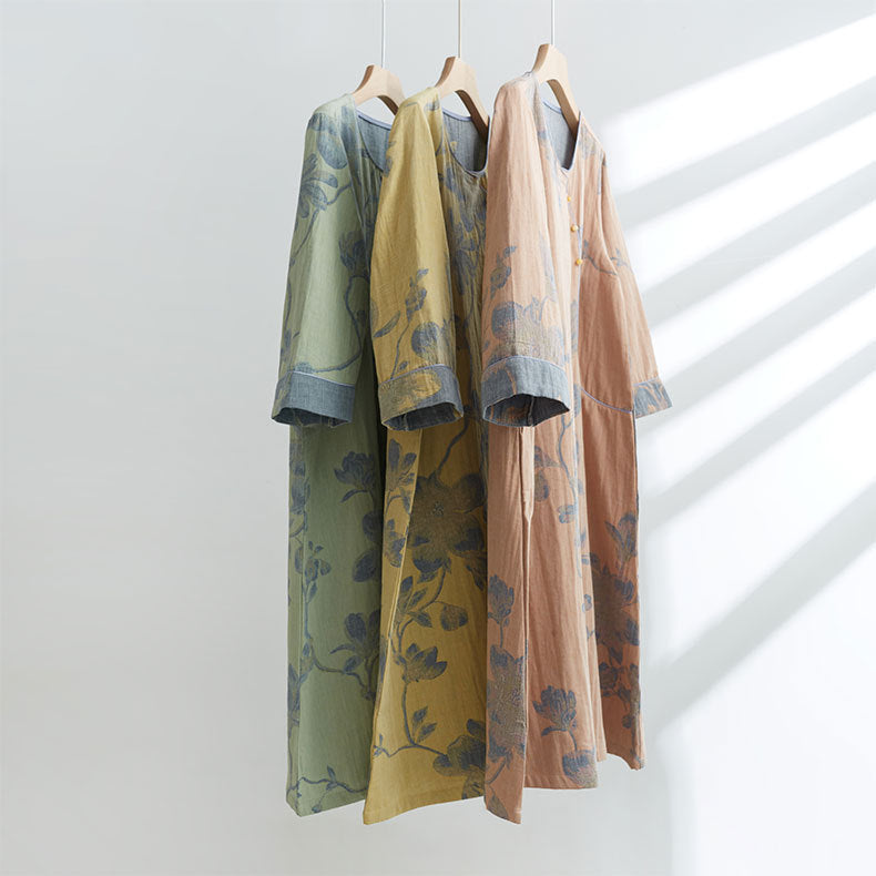 Women's Cotton Ancient Chinese Style Diagonal Double-layer Gauze Jacquard Long-sleeved Home Nightdress