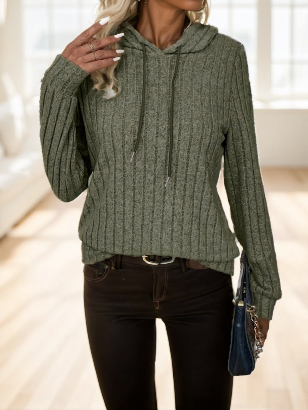 Solid Color Drawstring Ribbed Hoodie