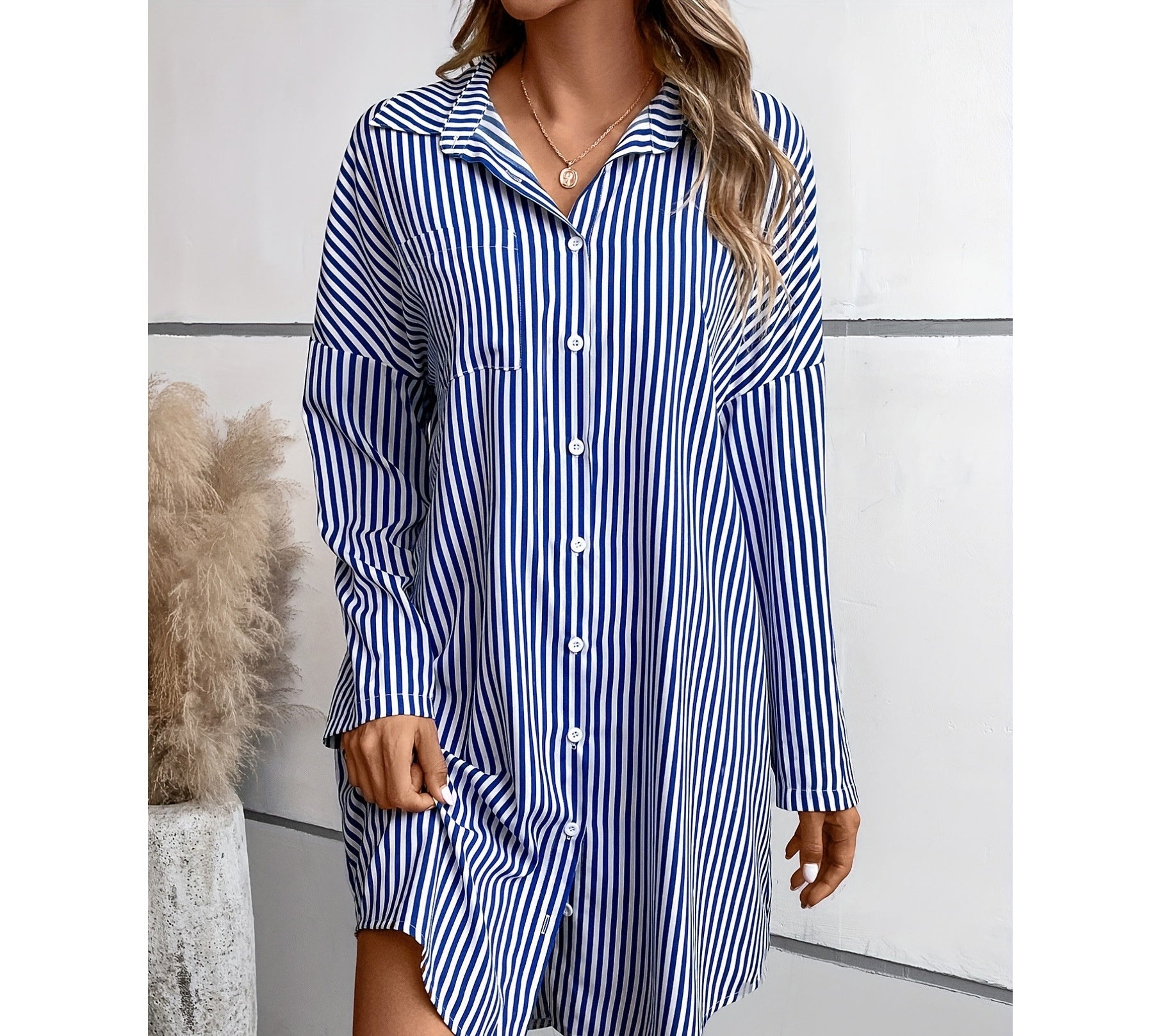 Striped Pockets Loose Commuter Shirt Dress