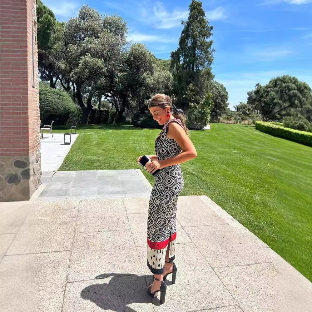 Retro Style Sleeveless Dress Color Collision Design Waist Trimming Printing