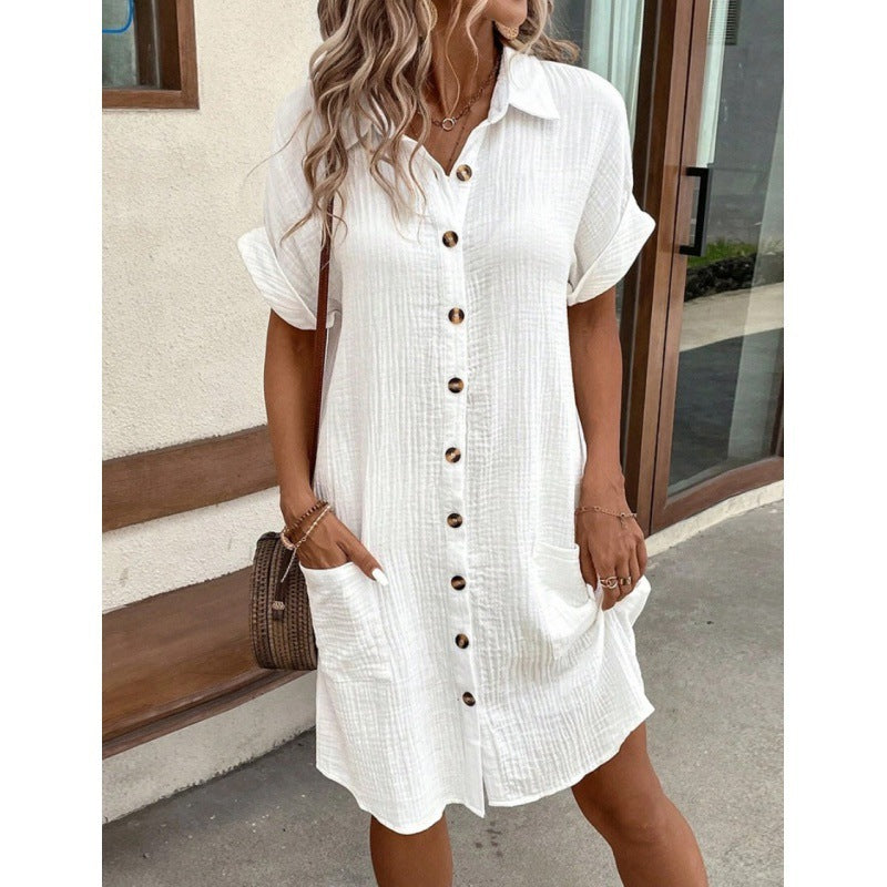 Summer Simplicity V-neck Buttons Cotton Linen Women's Shirt Dress
