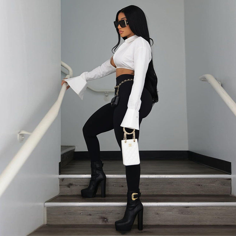 Short Cardigan Waist-tight Solid Color Lapel Long Sleeve Shirt