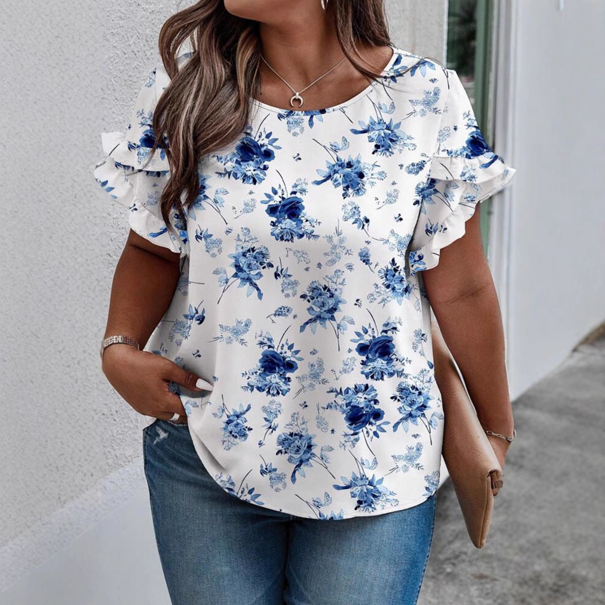 Round Neck Sleeve Stitching Pleating Printed Short Sleeve Casual