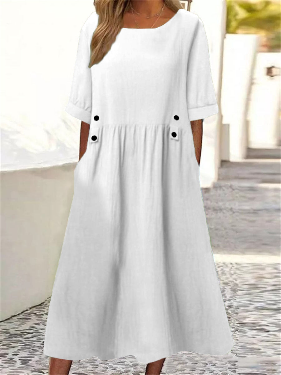 Plus Size Casual Round Neck Shirt With Half Sleeve Button Dress Women