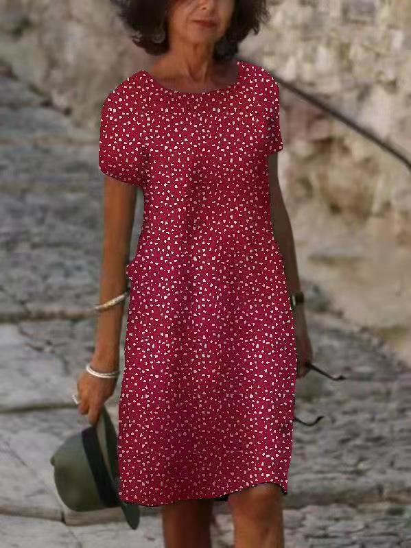 Printed Short Sleeve Round Neck Pullover Midi Dress
