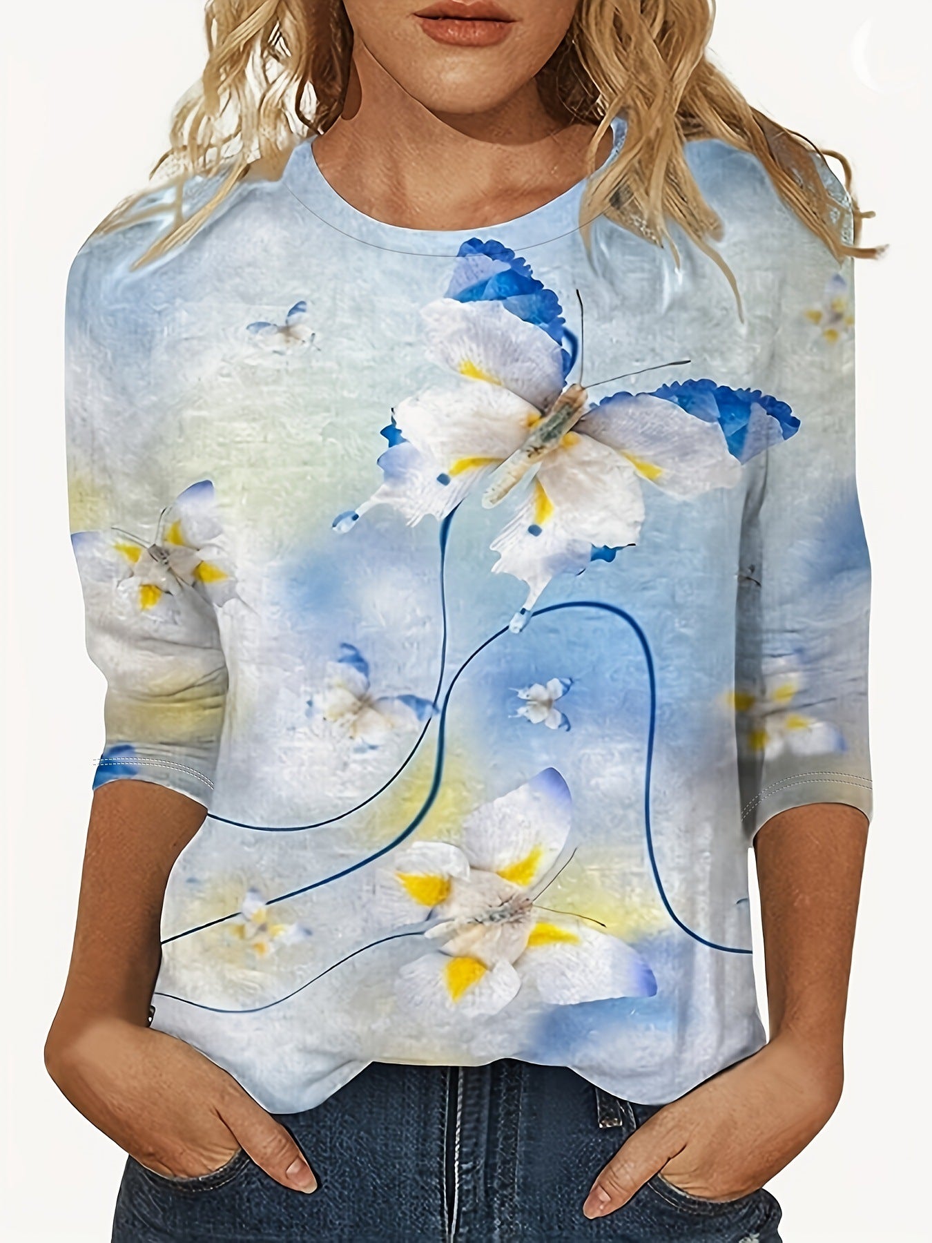 European And American Flower Plant Printed Round Neck Long Sleeve