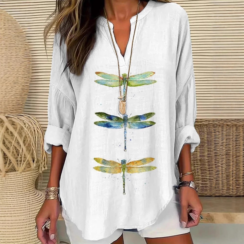 European And American Women's Clothing Small V Stand Collar Button Drop-shoulder Long-sleeve Women's T Curved Hem Clothes