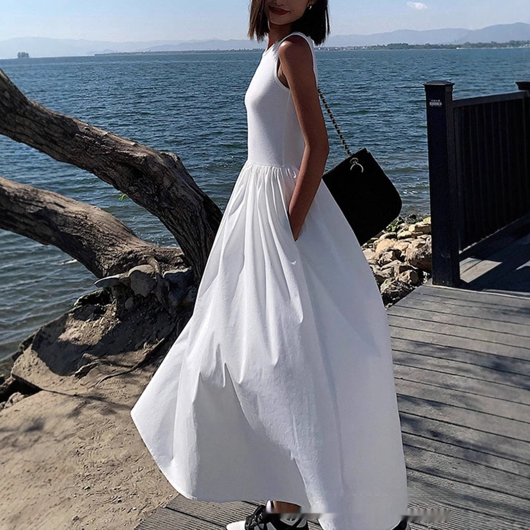 Long Patch Sleeveless Summer Dress Women's Design Slim Fit Long Skirt
