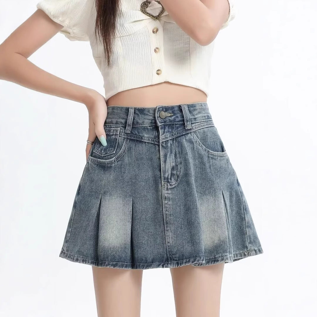 Retro Denim Skirt Summer A- Line Pleated Skirt