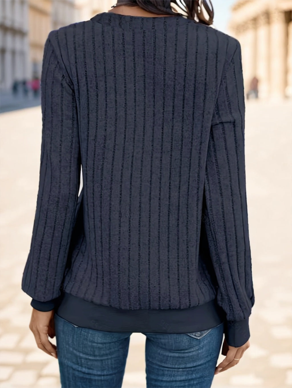 Casual V-Neck Knit Fabric Long Sleeve T-Shirt For Women In Solid Colo