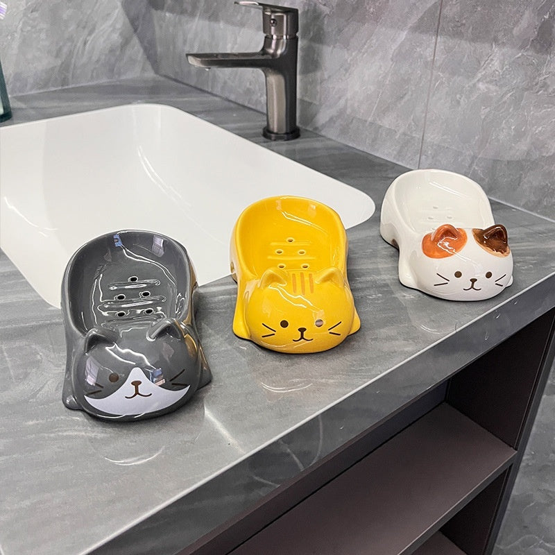 Japanese-style Sanhua Cat Ceramic Cat Soap Dish Bathroom
