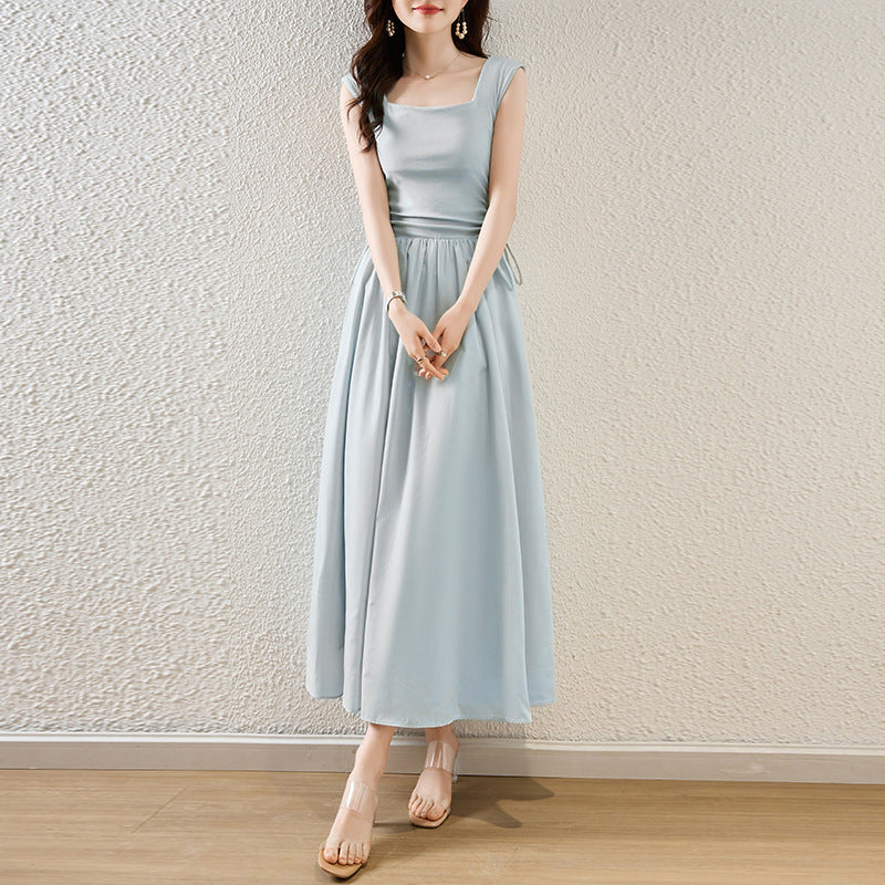 Summer Korean Style New Mori Sweet South Korea Dongdaemun Lady Square Collar Slimming Drawstring Design Vest Dress