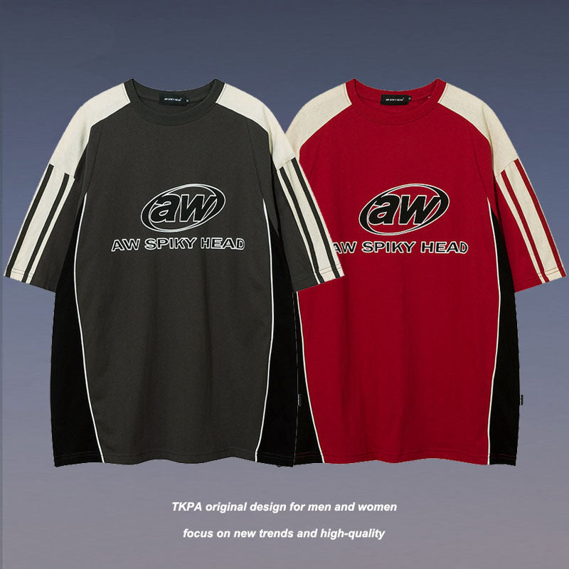 American Street Retro Alphabet Stitching School Style Round Neck T-shirt