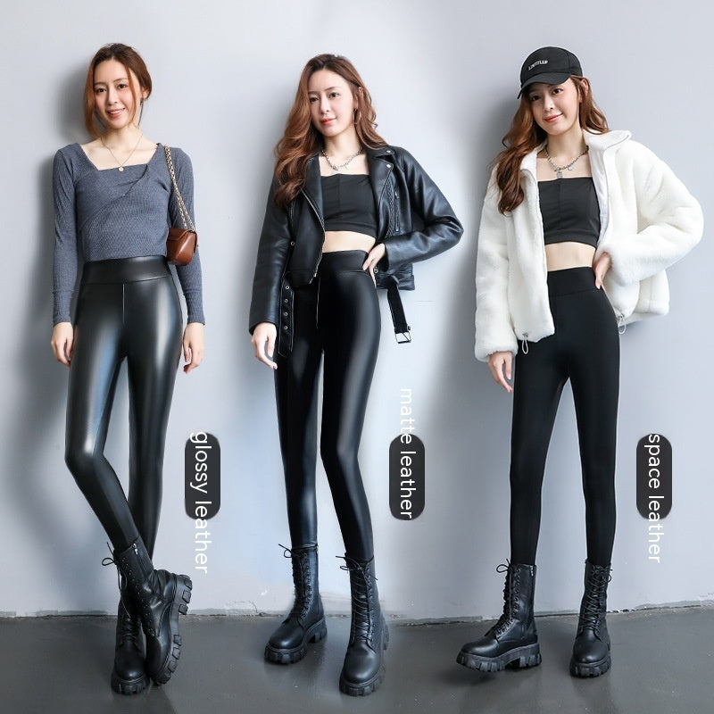 PU Fleece-lined High Waist Slimming Windproof Waterproof Leggings
