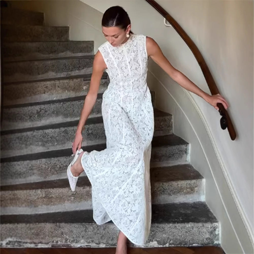 Half Turtleneck Sleeveless Lace High Waist Slim Fit Dress European And American