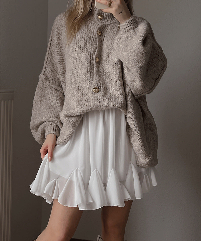Autumn And Winter Solid Color British Style Vintage Button Cardigan Batwing Sleeve Sweater Coat