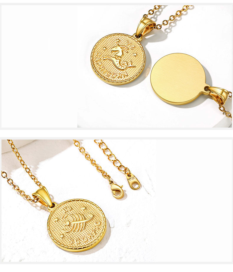 Zodiac sign gold coin engraved necklace