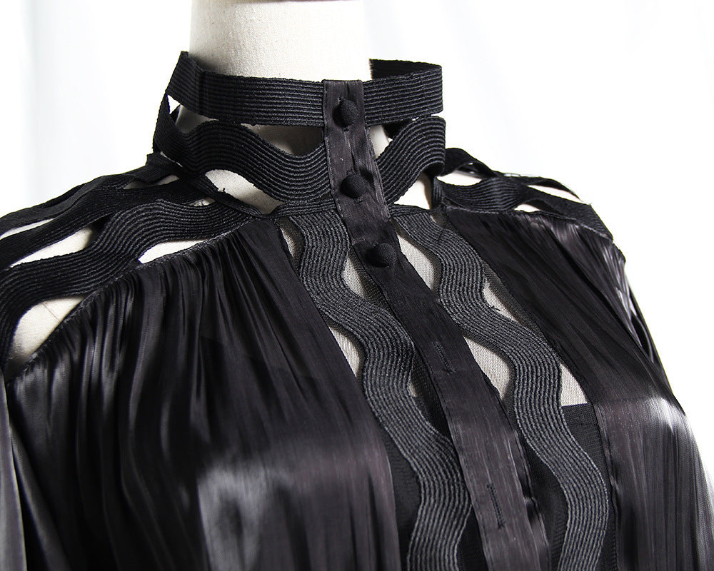 Korean version of the temperament solid color hollow wavy striped stand collar long-sleeved shirt fishtail dress