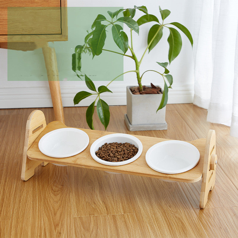 Cat Bowl Solid Wood Ceramic Double Bowl Oblique Mouth Pet Bowl Protecting Cervical Spine Cat Food Bowl Cat Food Bowl