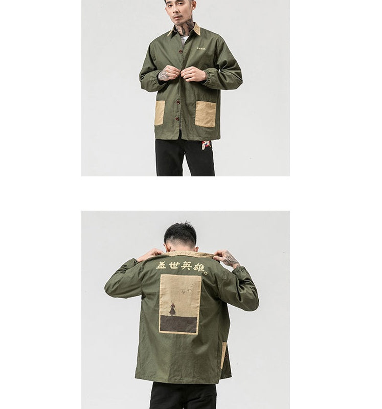 Autumn new men's printing casual large size jacket Chinese style retro buckle casual loose jacket