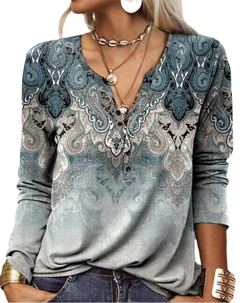 Women's Casual Ethnic Style V-neck Long-sleeved T-shirt