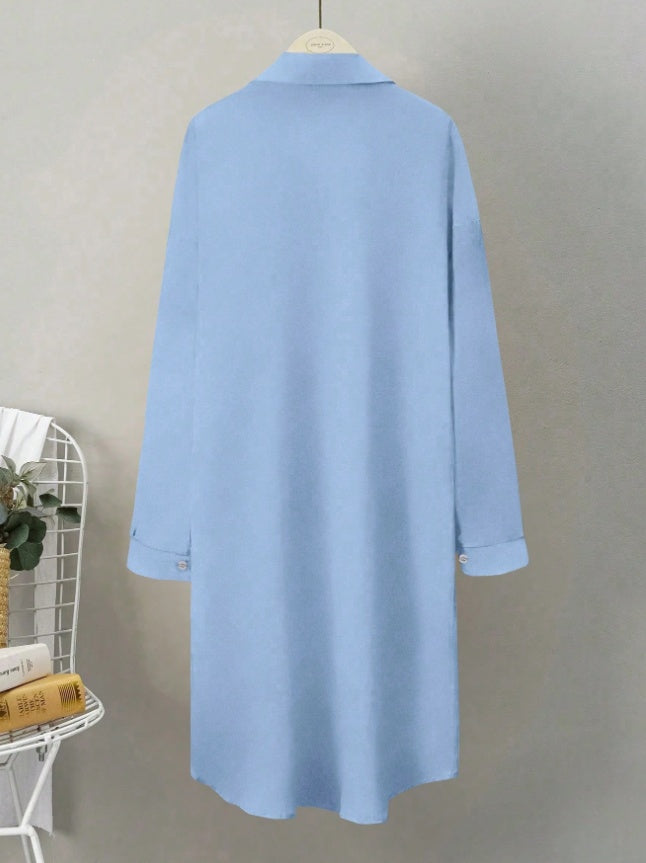 Pleated Long Button Down Dropped Shoulder Women Shirt