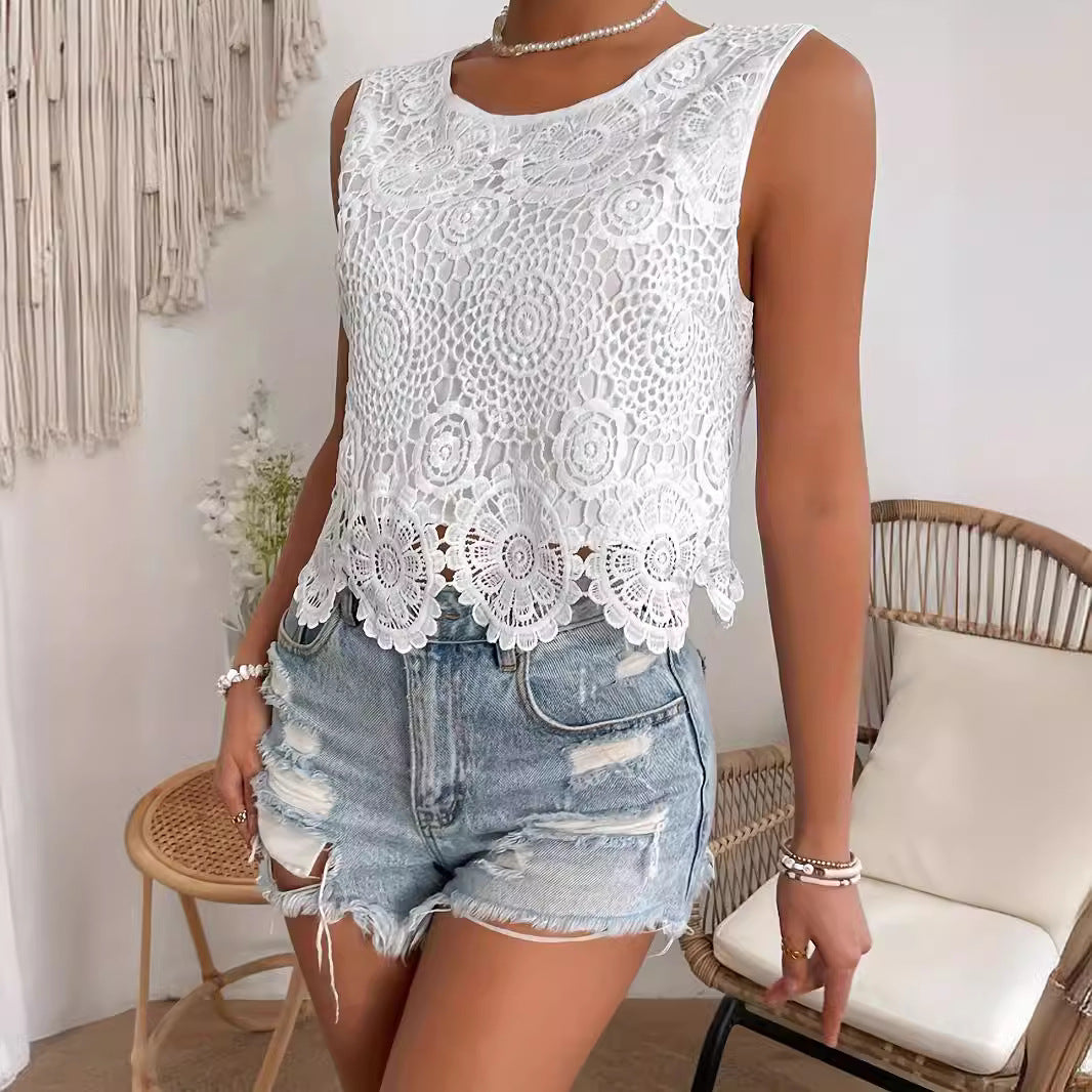 Short Solid Color Lace Casual Bottoming Shirt