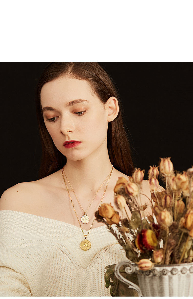 Zodiac sign gold coin engraved necklace