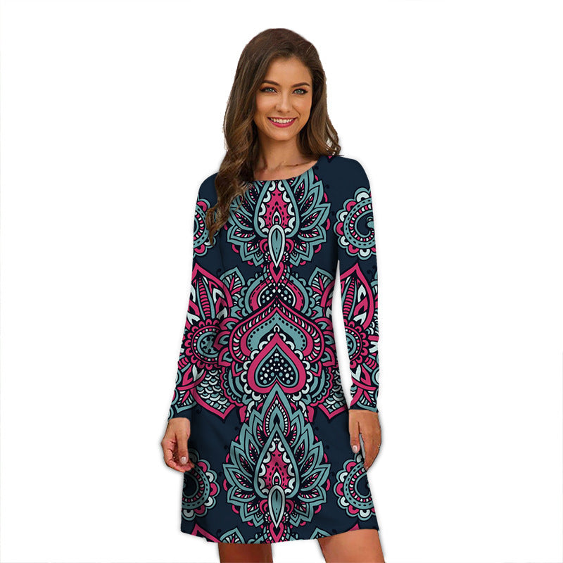 Round Neck Printed Temperament Slimming Small Long Sleeve Dress