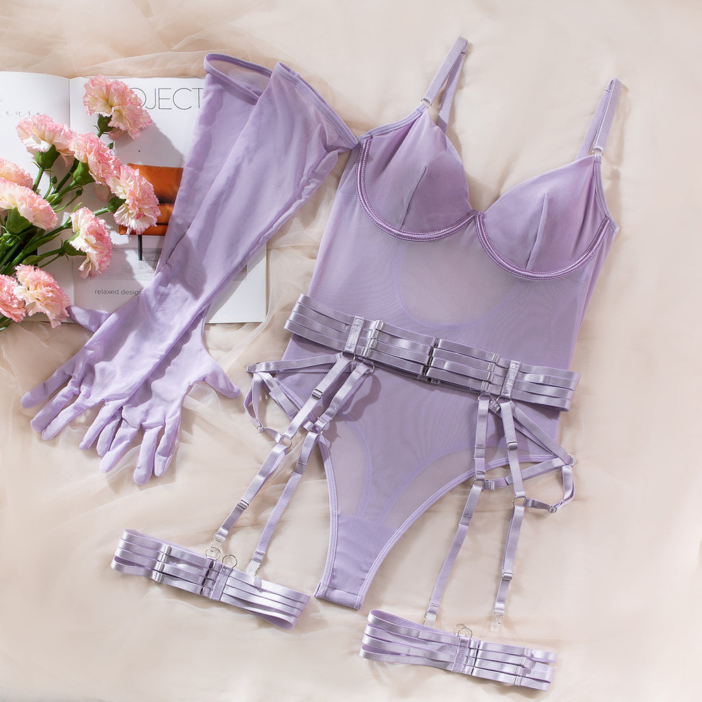 Popular Jumpsuit Mesh Stitching Underwear Body Shaping Strap Complex Craft With Gloves