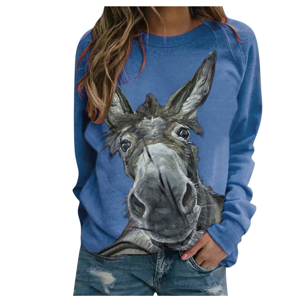 Loose Round Neck Donkey Head Floral Print Long Sleeve Pullover