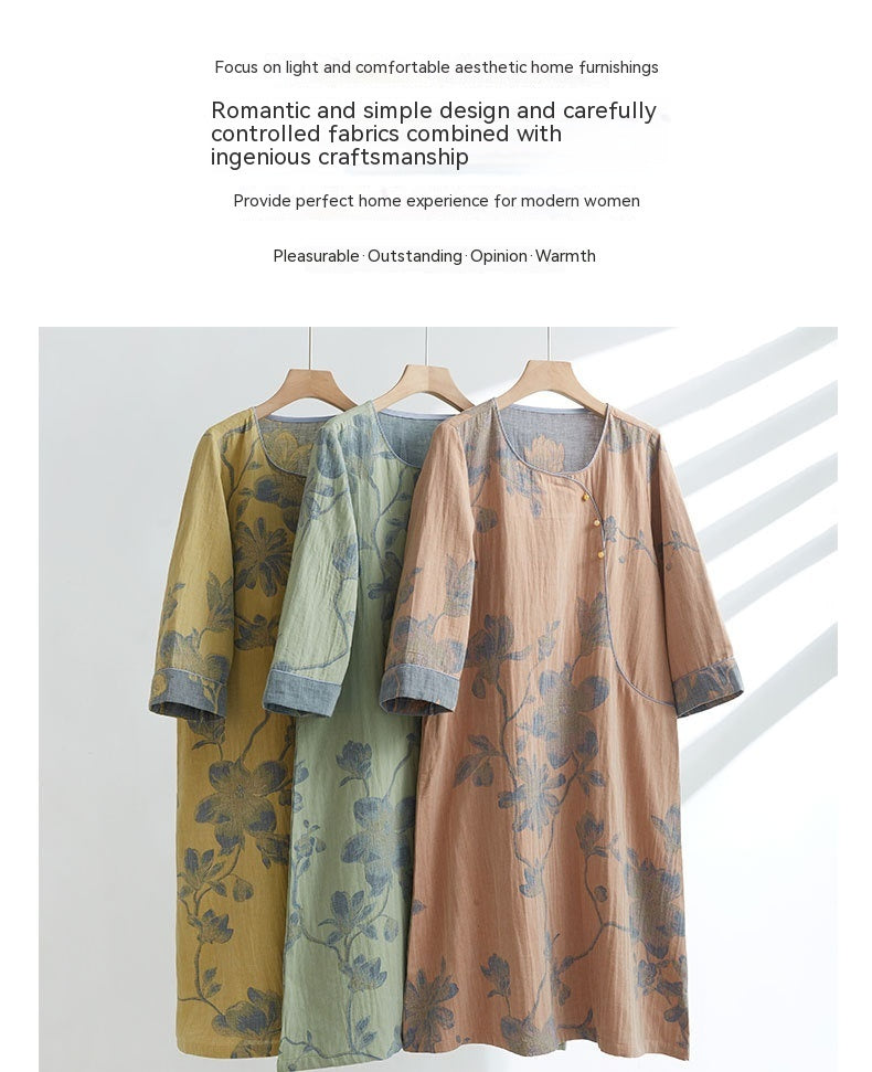 Women's Cotton Ancient Chinese Style Diagonal Double-layer Gauze Jacquard Long-sleeved Home Nightdress