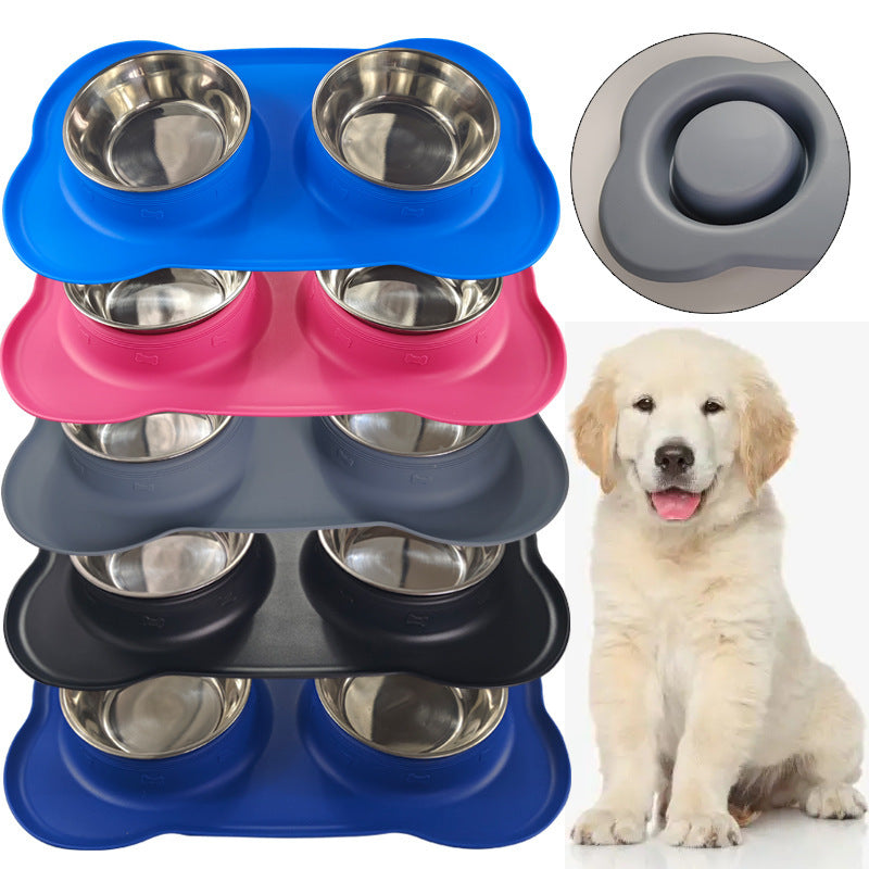Large Silicone Pet Bowl Double Dog Bowl Stainless Steel