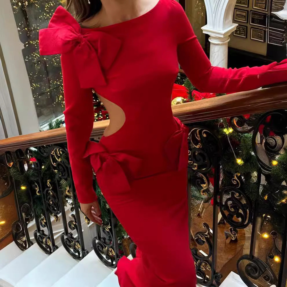 Fashion Long Sleeve Backless Bow Dress