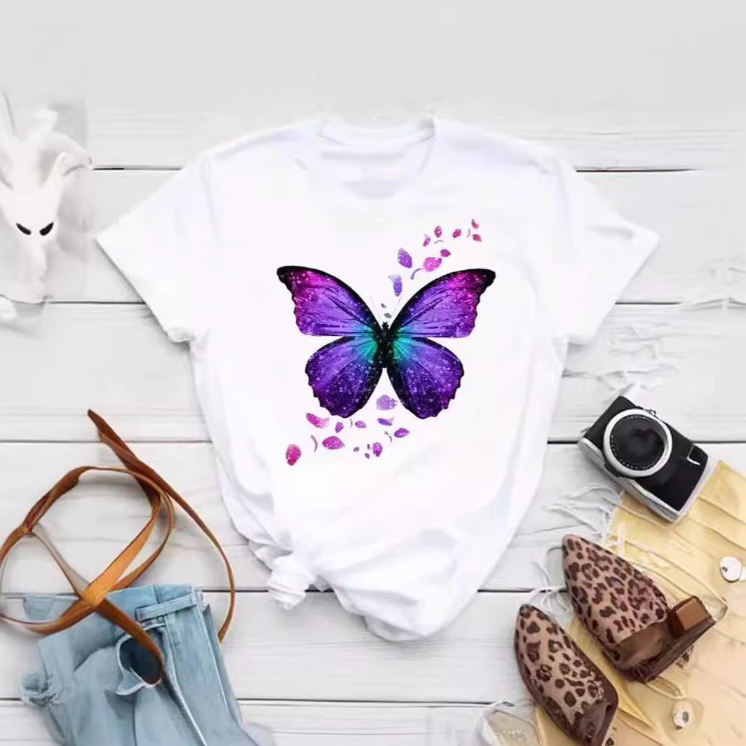 Colorized Butterfly Petal Printed T-shirt Short Sleeve Round Neck