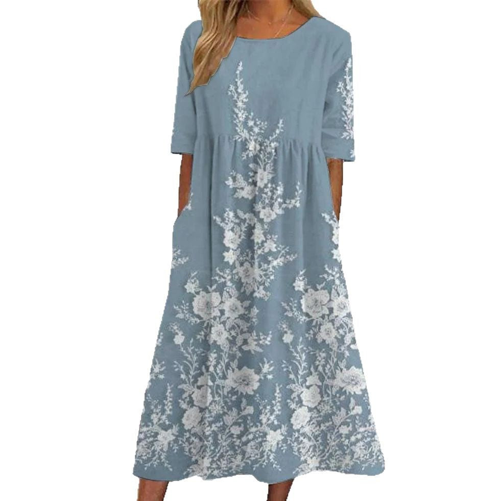 New Mid Waist Casual Round Neck Printed Swing Women's Dress