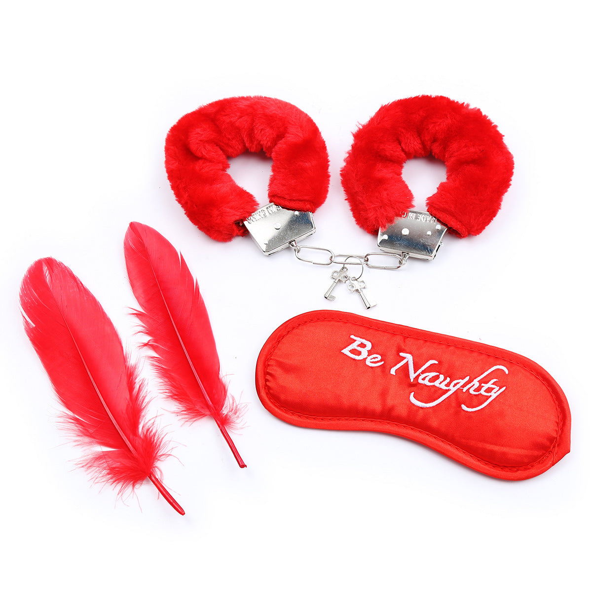 Black Red Furry Handcuffs With Eye Mask Feather Three-piece Toy