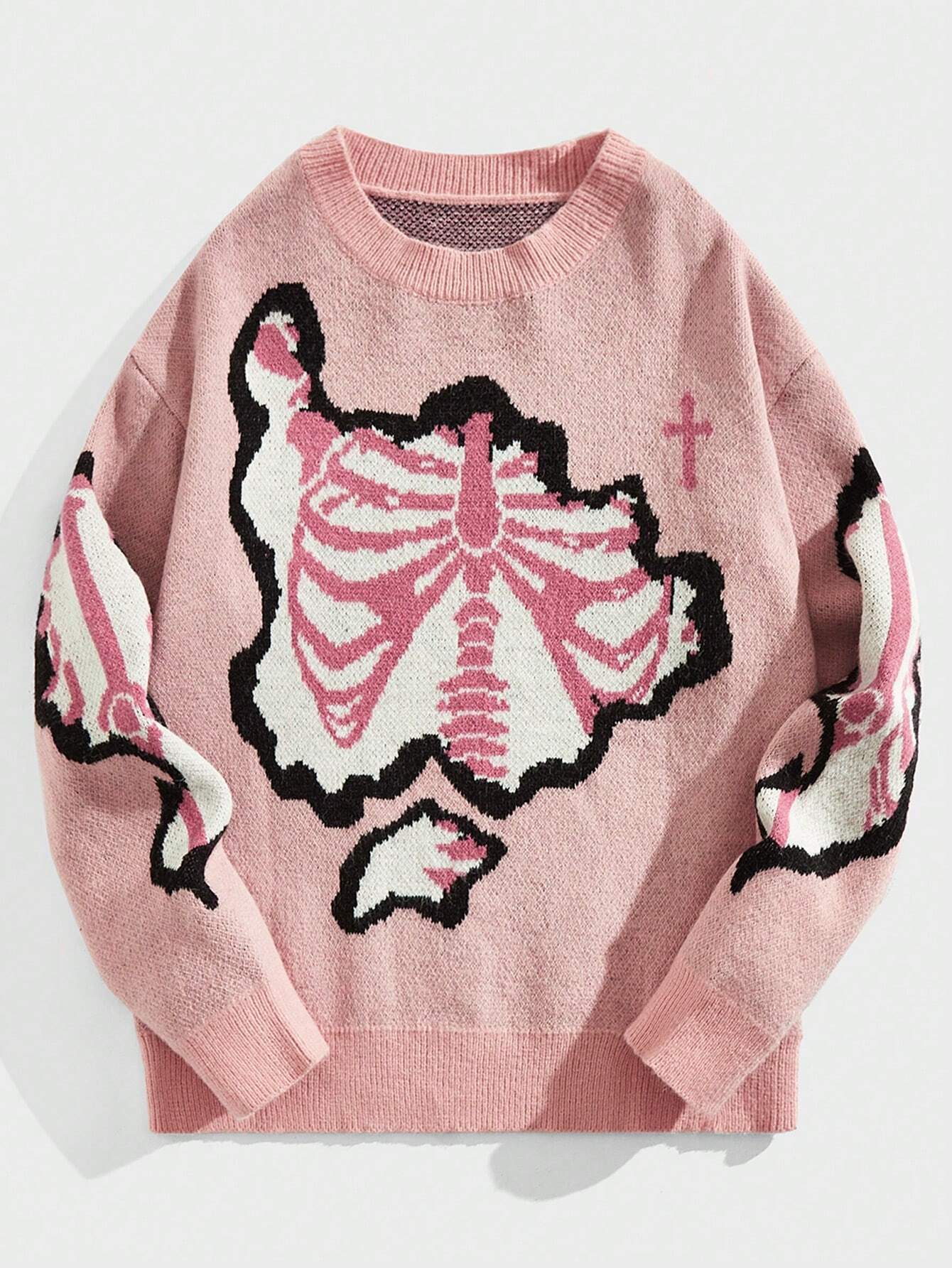 Personality Street Trend Dark Style Skeleton Jacquard Round Neck Pullover Knitted Sweater