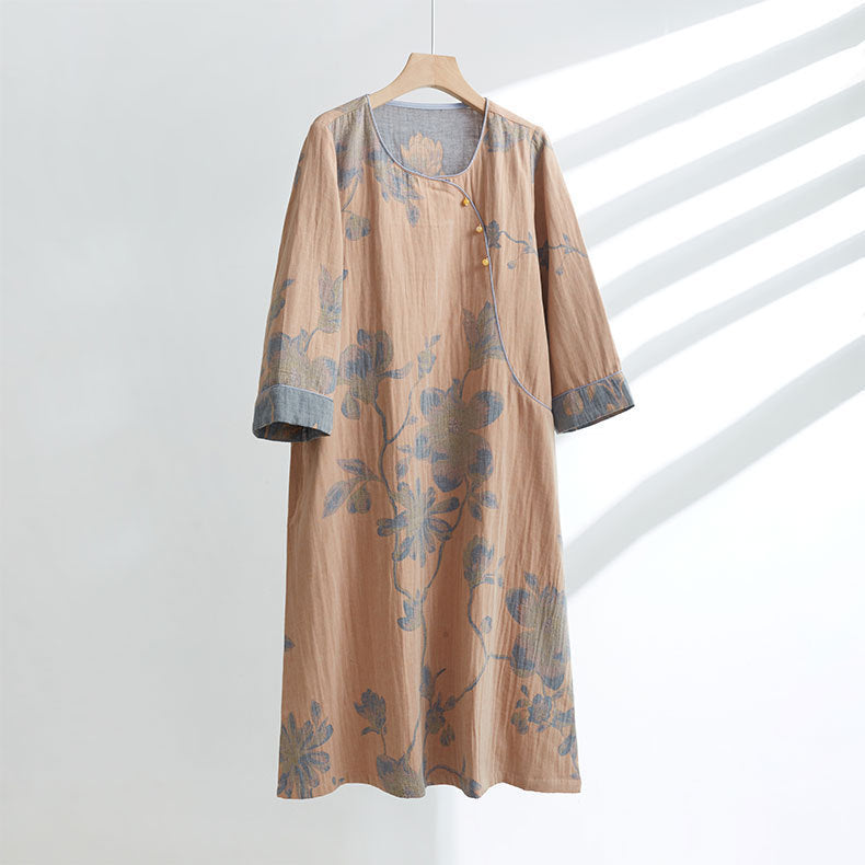 Women's Cotton Ancient Chinese Style Diagonal Double-layer Gauze Jacquard Long-sleeved Home Nightdress