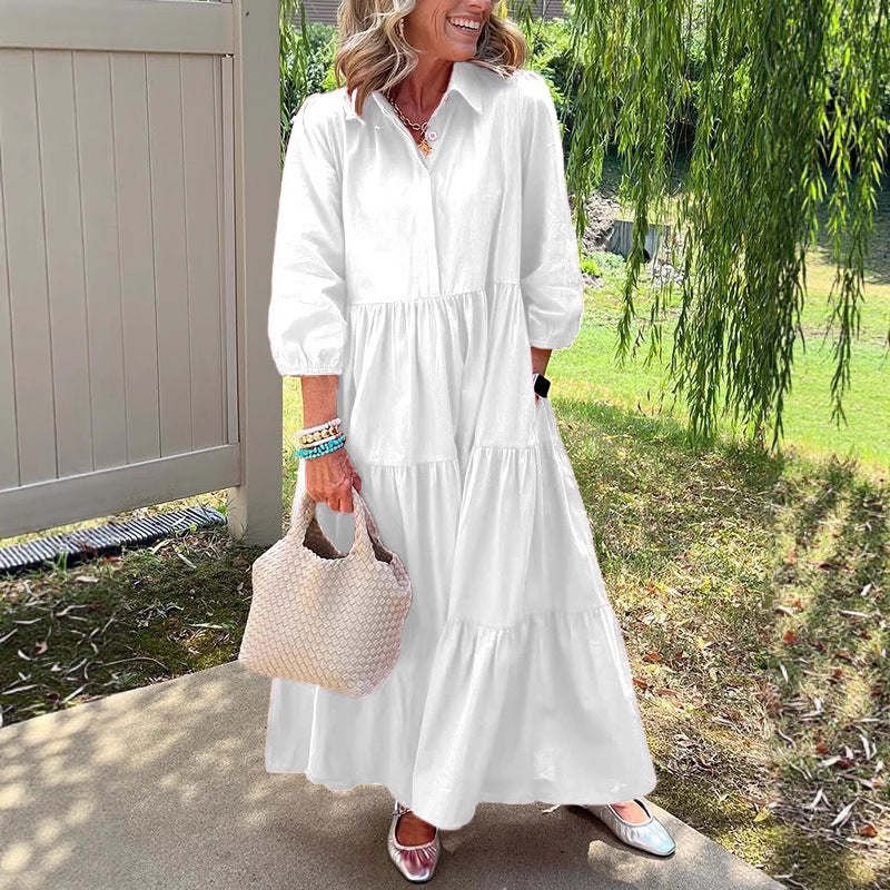 Casual Loose Lapels Mid-sleeve Large Swing Dress